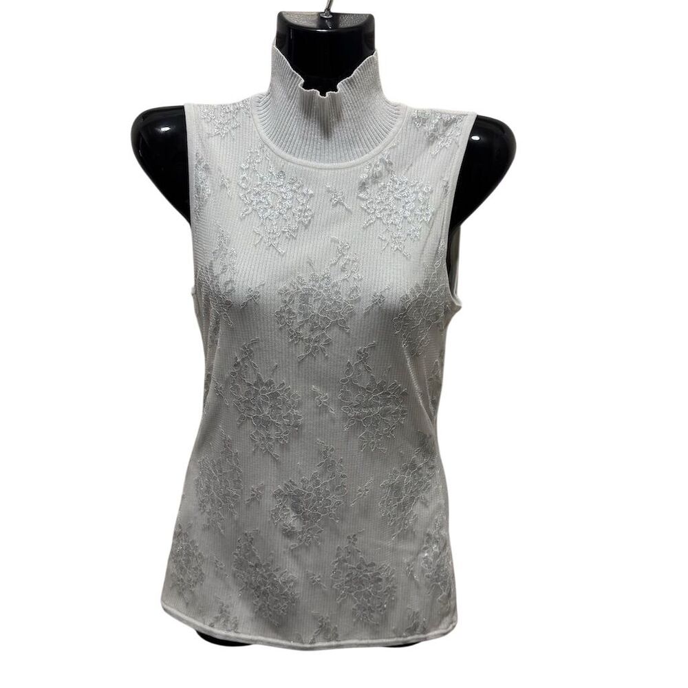Women's White Sleeveless Mock Neck Tank Top Lace M Casual Spring Vintage 90s Y2k